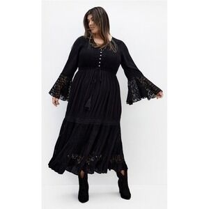 City Chic Tisha Black Lace Maxi Dress Bell Sleeve Boho Whimsigoth Plus Sz XL‎ 22